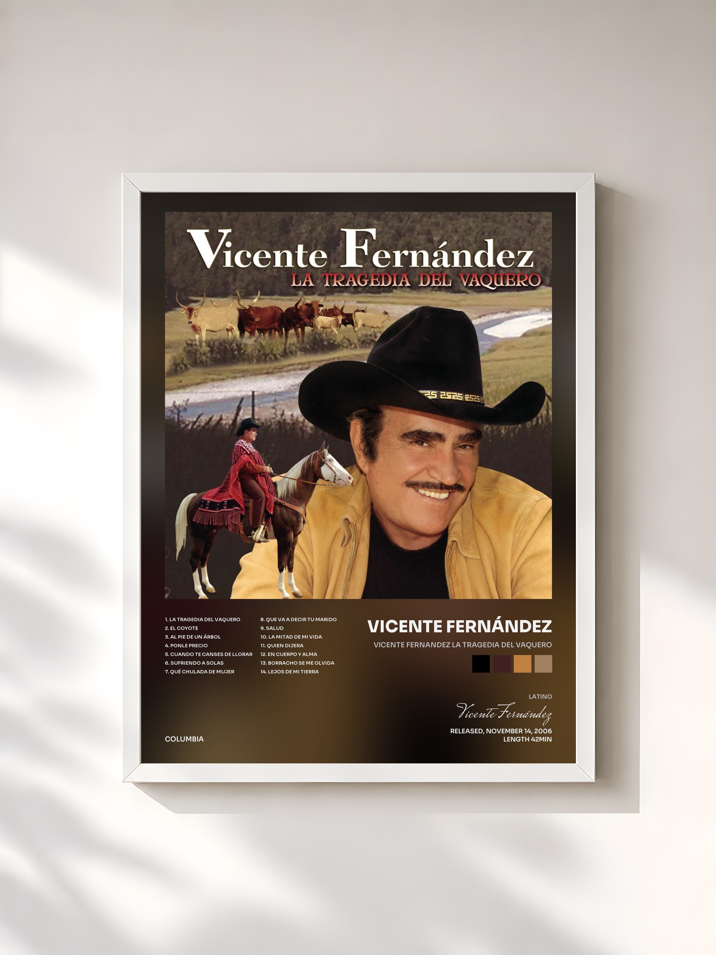 #blanc Tableau de l'album Vicente Fernandez La Tragedia del Vaquero de Vicente Fernández, cadre blanc, imprimé et encadré en France