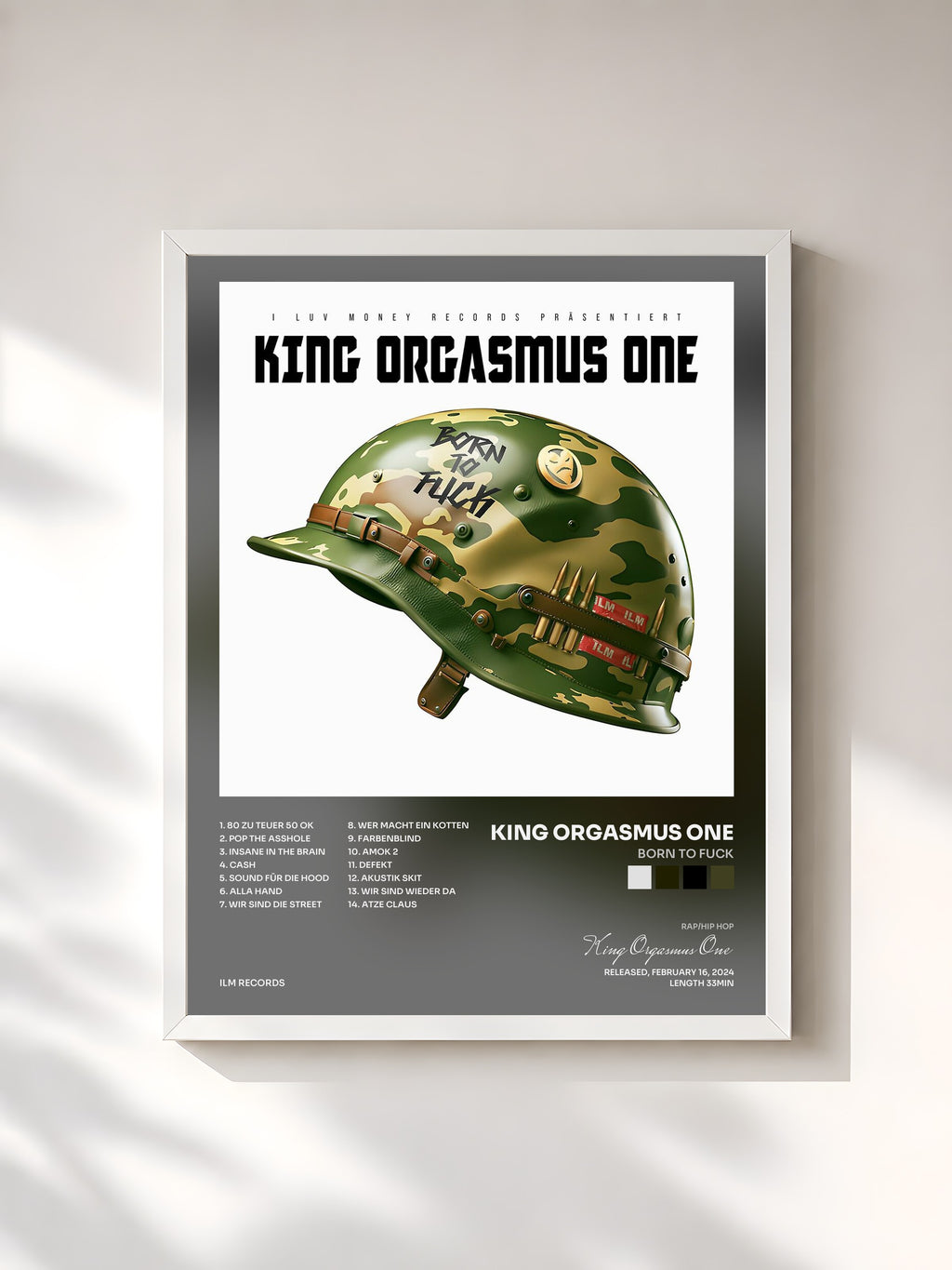 #blanc Tableau de l'album Born to Fuck de King Orgasmus One, cadre blanc, imprimé et encadré en France