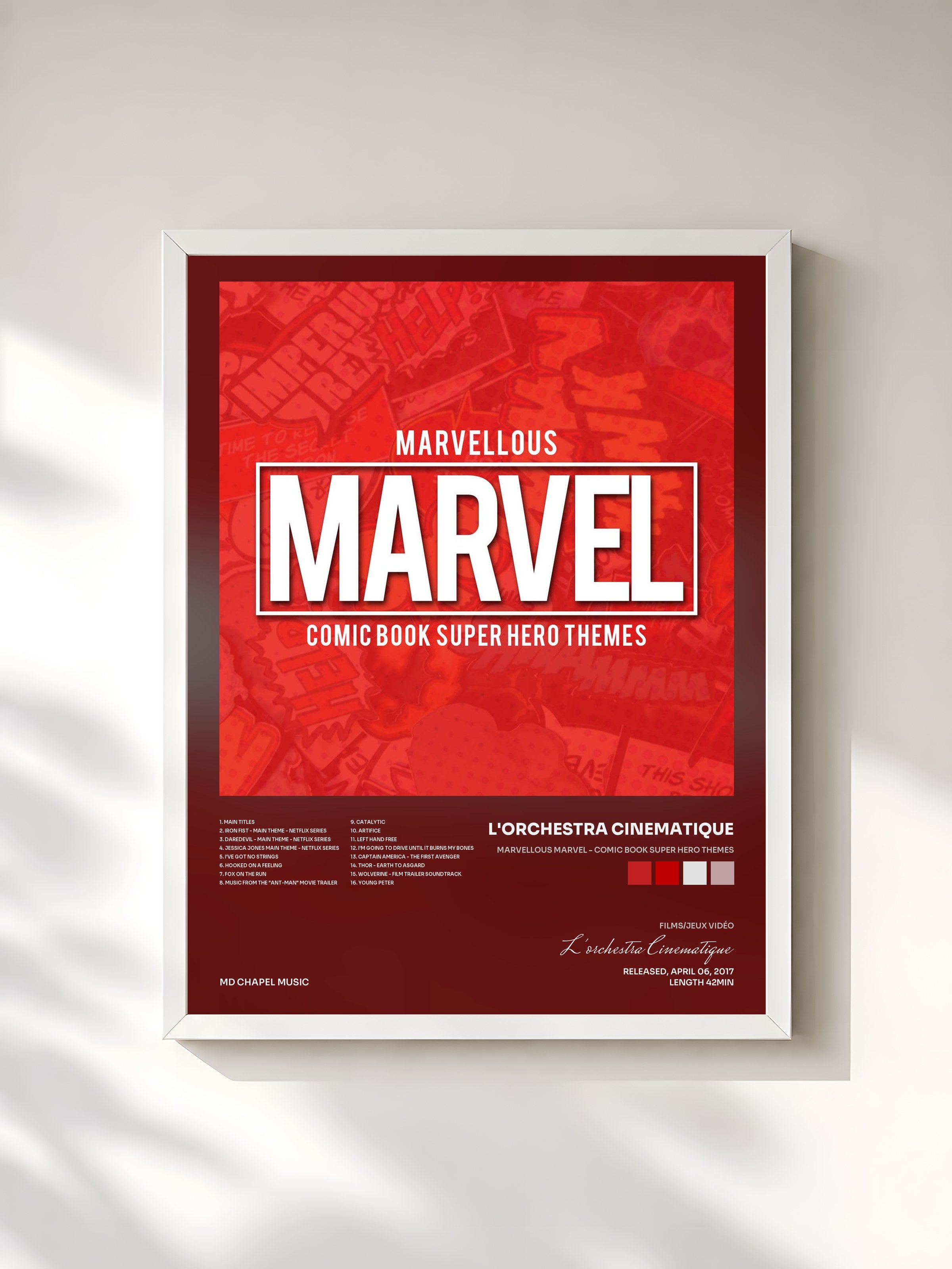 #blanc Tableau de l'album Marvellous Marvel - Comic Book Super Hero Themes de L'orchestra Cinematique, cadre blanc, imprimé et encadré en France
