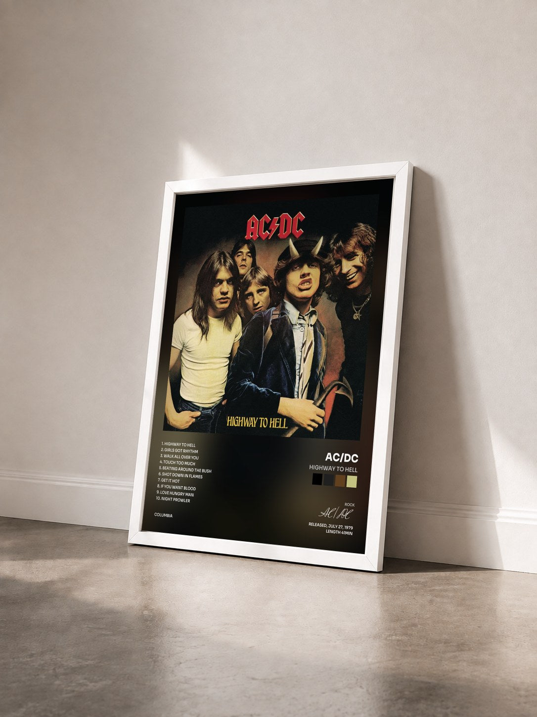 #blanc Highway to Hell di AC/DC in stampa incorniciata vista di tre quarti, cornice bianca