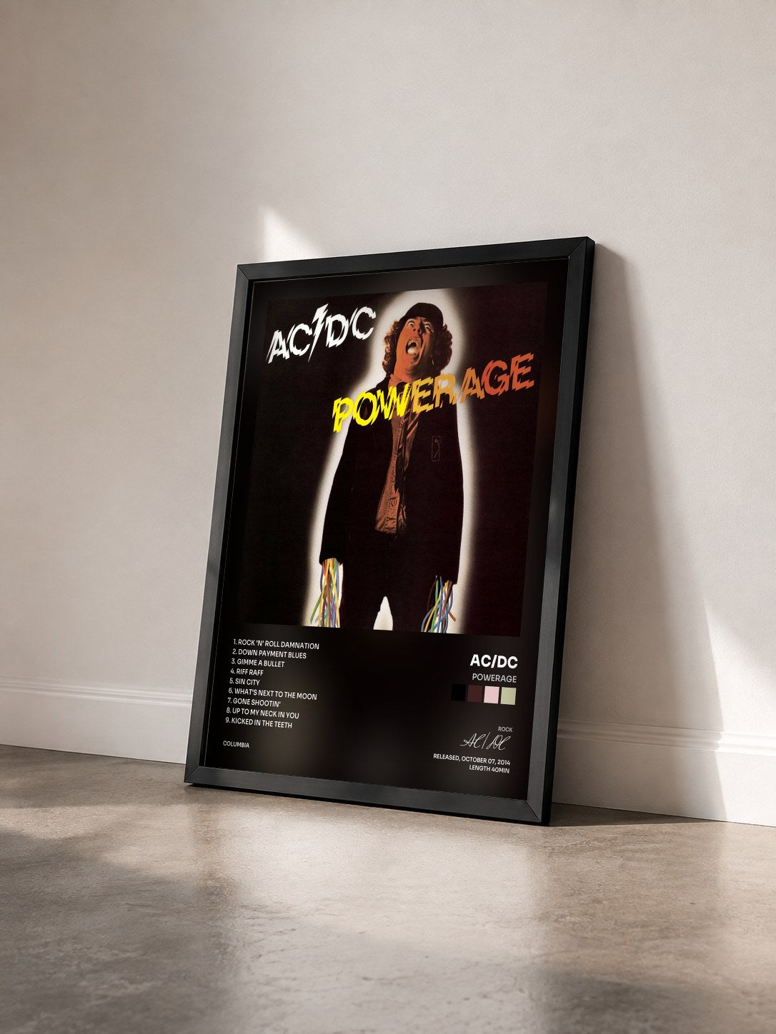 #noir Powerage by AC/DC as a framed art print seen at an angle, black frame