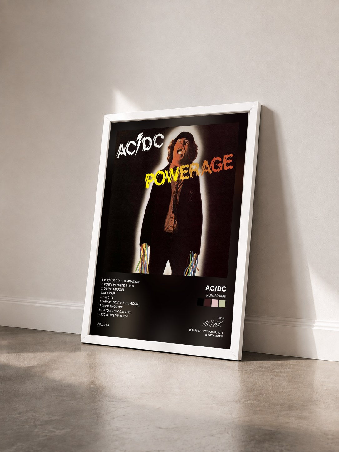 #blanc Powerage by AC/DC as a framed art print seen at an angle, white frame