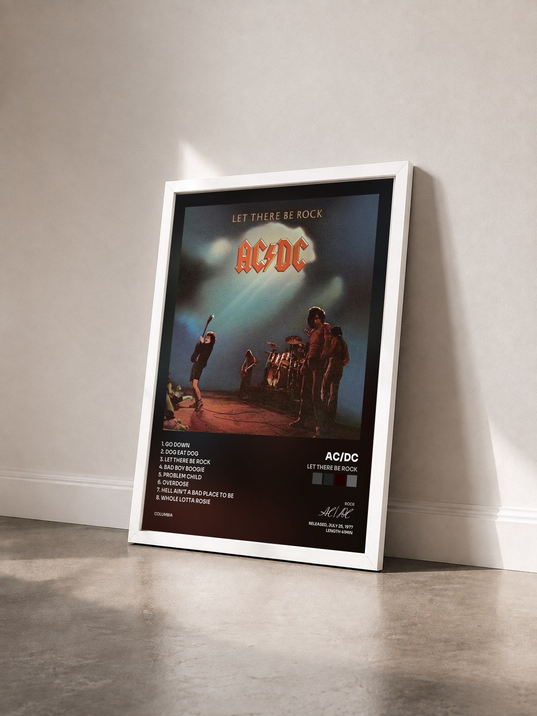 #blanc Tableau de l'album Let There Be Rock de AC/DC vu de trois quarts, cadre blanc