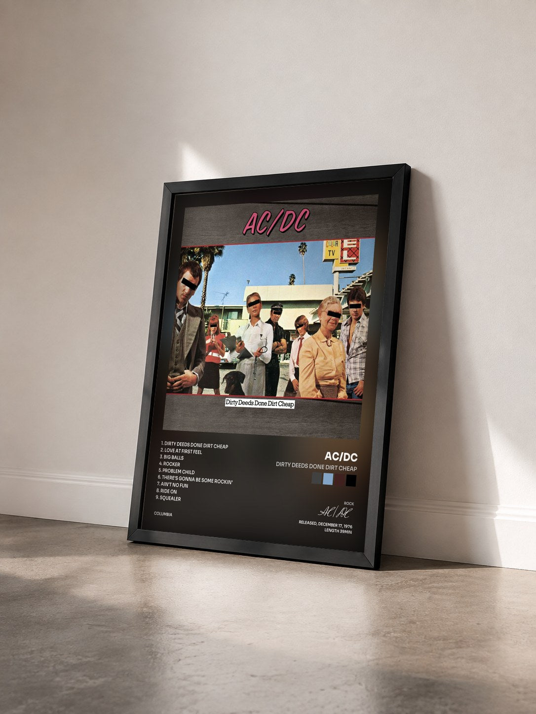 #noir Dirty Deeds Done Dirt Cheap by AC/DC as a framed art print seen at an angle, black frame