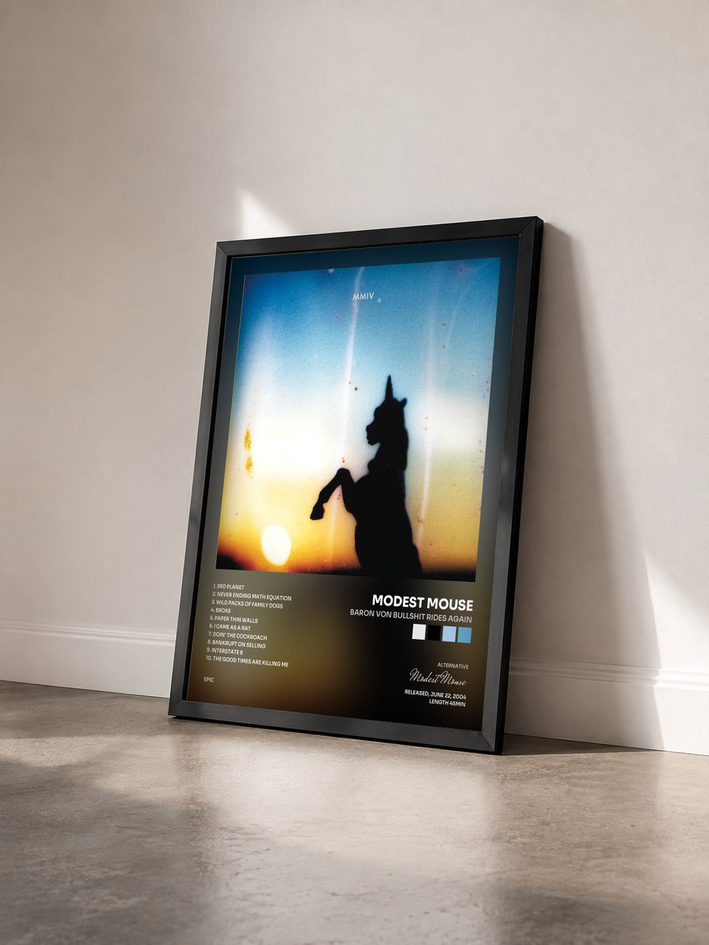 #noir Baron Von Bullshit Rides Again by Modest Mouse as a framed art print seen at an angle, black frame
