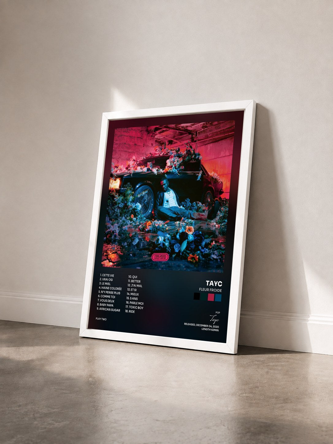 #blanc Tableau de l'album Fleur froide de Tayc vu de trois quarts, cadre blanc