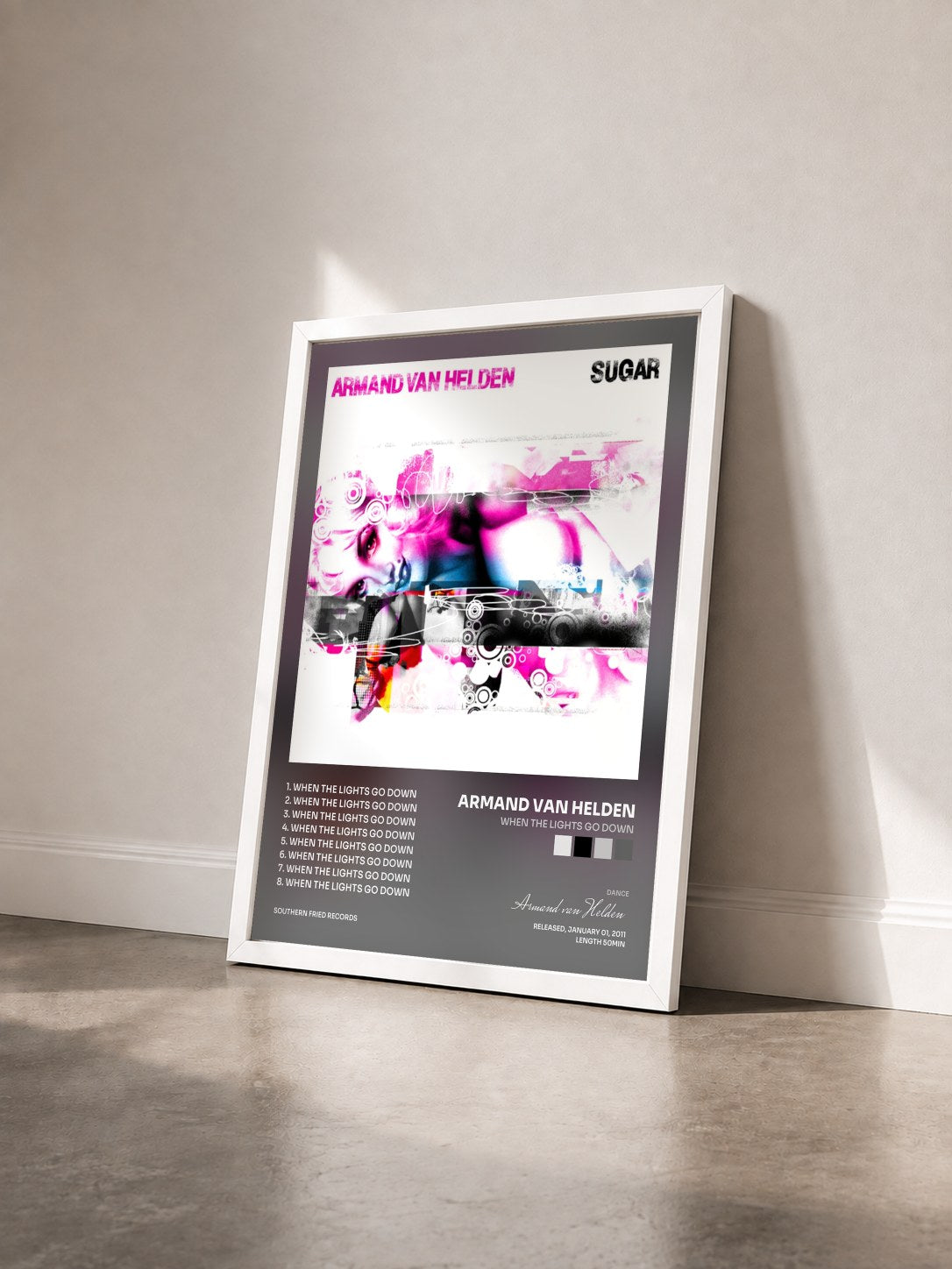#blanc Tableau de l'album When the Lights Go Down de Armand van Helden vu de trois quarts, cadre blanc