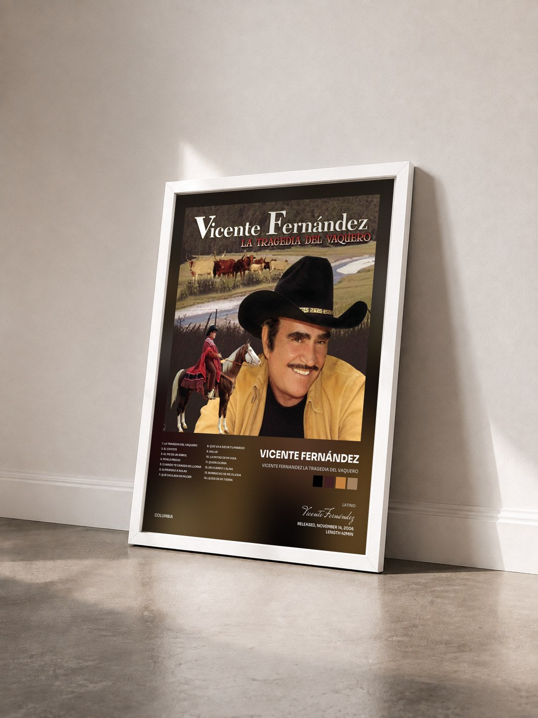 #blanc Tableau de l'album Vicente Fernandez La Tragedia del Vaquero de Vicente Fernández vu de trois quarts, cadre blanc