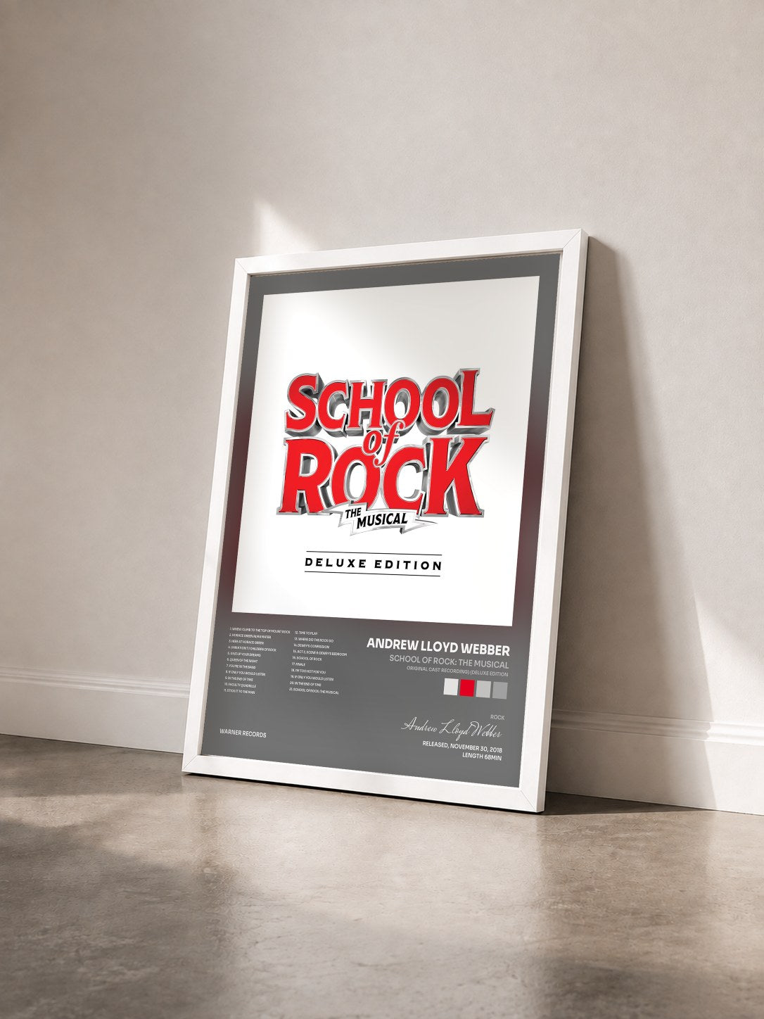 #blanc Tableau de l'album School of Rock: The Musical (Original Cast Recording) (Deluxe Edition) de Andrew Lloyd Webber vu de trois quarts, cadre blanc