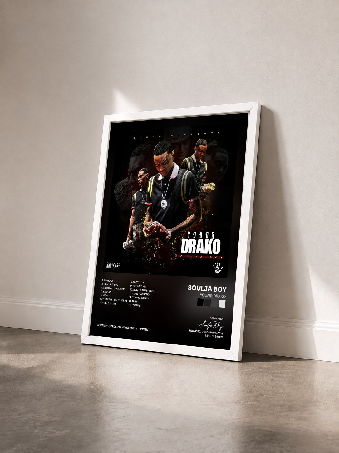 #blanc Young Drako by Soulja Boy as a framed art print seen at an angle, white frame