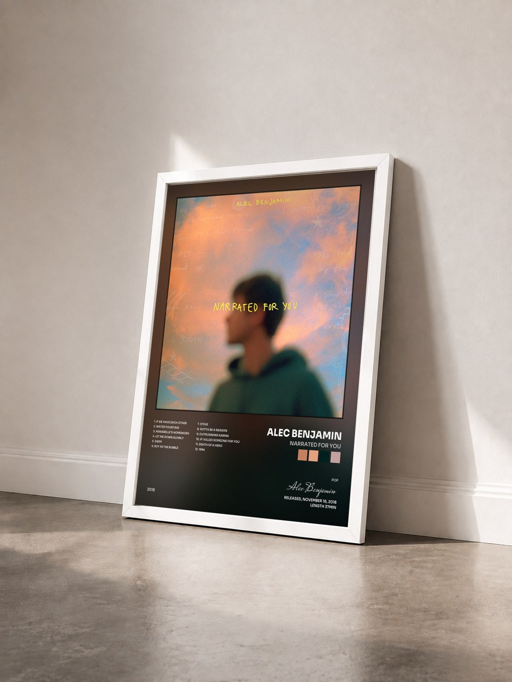 #blanc Tableau de l'album Narrated For You de Alec Benjamin vu de trois quarts, cadre blanc