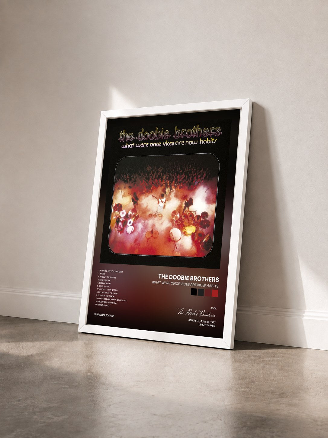 #blanc Tableau de l'album What Were Once Vices Are Now Habits de The Doobie Brothers vu de trois quarts, cadre blanc