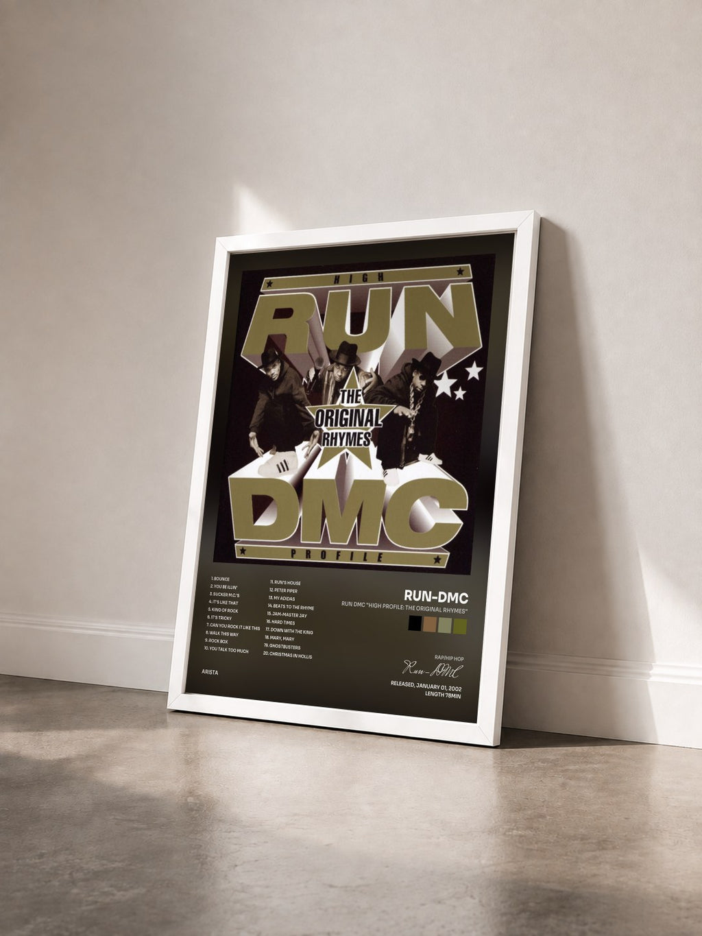 #blanc Tableau de l'album RUN DMC "High Profile: The Original Rhymes" de Run-DMC vu de trois quarts, cadre blanc