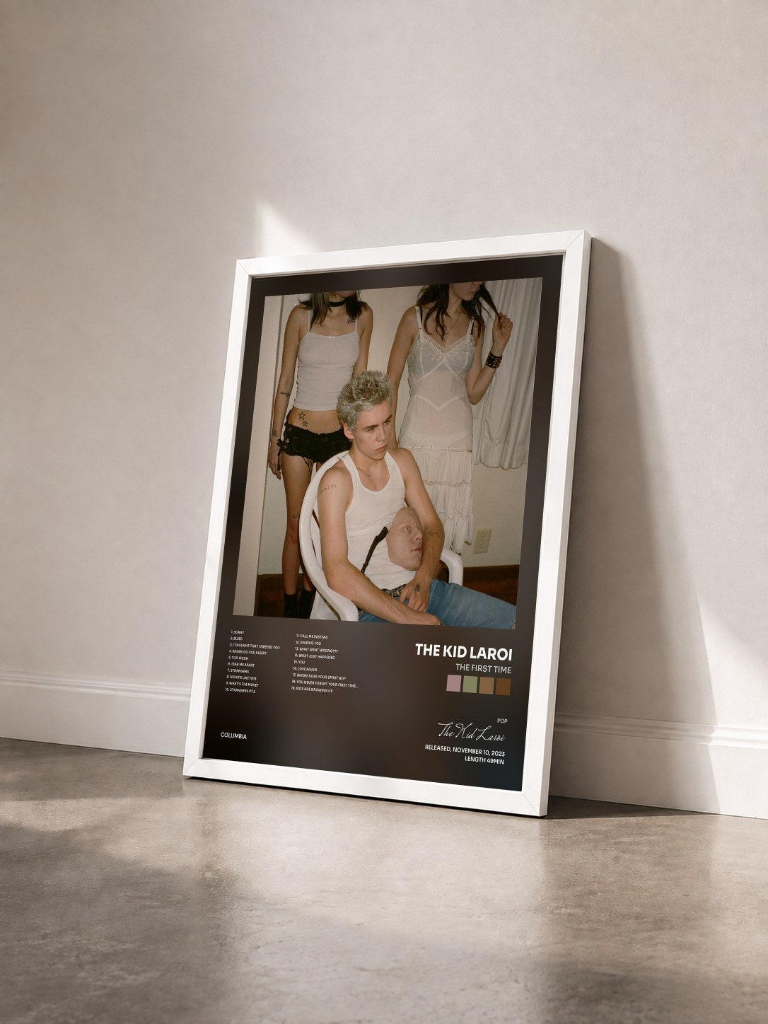 #blanc THE FIRST TIME by The Kid Laroi as a framed art print seen at an angle, white frame