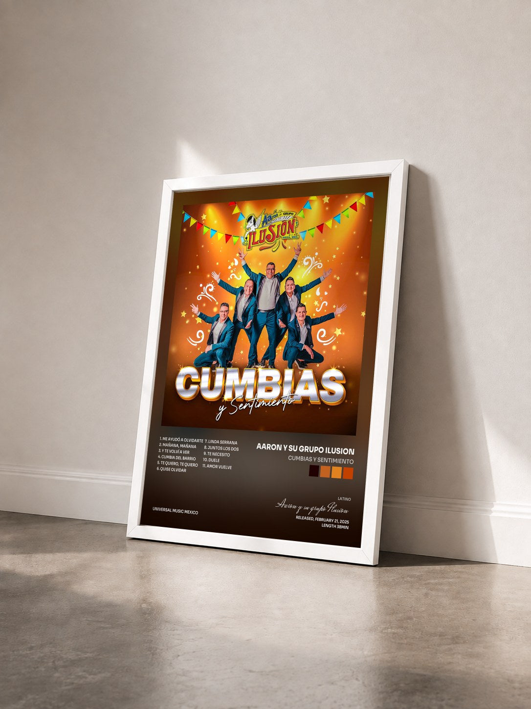 #blanc Tableau de l'album Cumbias y Sentimiento de Aaron y su grupo Ilusion vu de trois quarts, cadre blanc