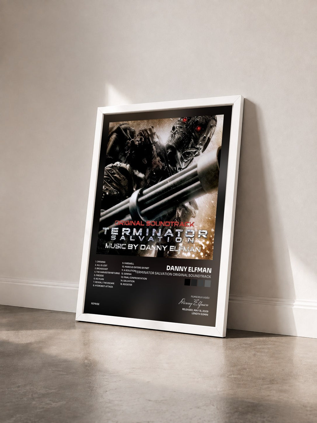 #blanc Terminator Salvation Original Soundtrack by Danny Elfman as a framed art print seen at an angle, white frame