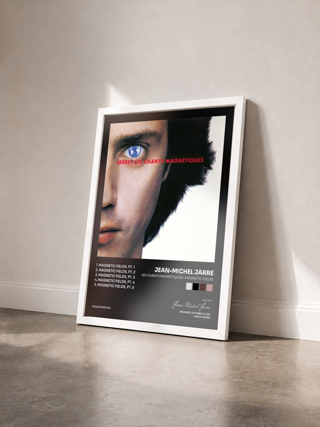 #blanc Tableau de l'album Les chants magnétiques / Magnetic Fields de Jean-Michel Jarre vu de trois quarts, cadre blanc