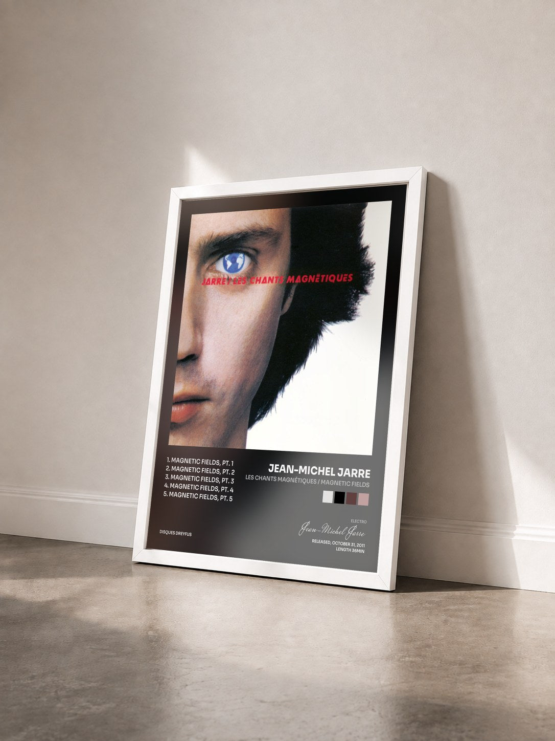 #blanc Tableau de l'album Les chants magnétiques / Magnetic Fields de Jean-Michel Jarre vu de trois quarts, cadre blanc