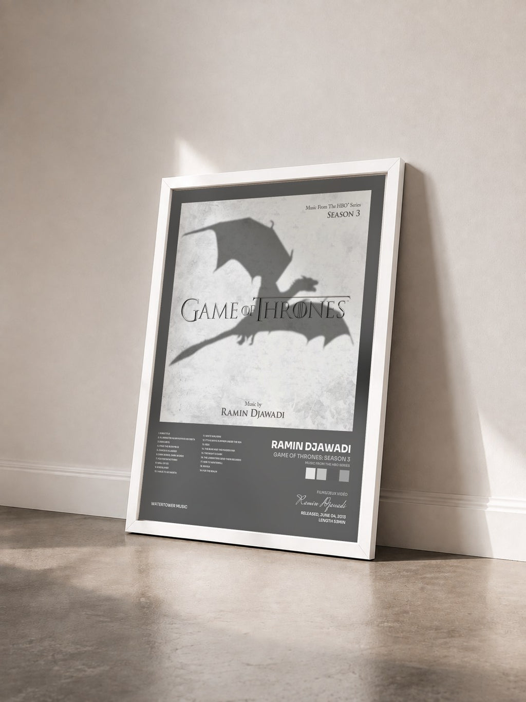 #blanc Game Of Thrones: Season 3 (Music from the HBO Series) by Ramin Djawadi as a framed art print seen at an angle, white frame