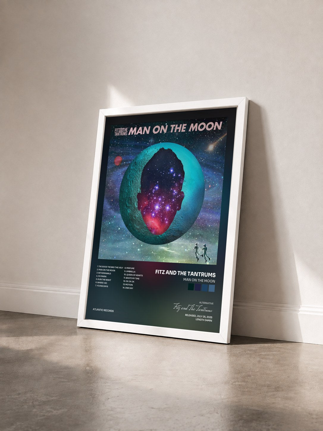 #blanc Tableau de l'album Man on The Moon de Fitz and The Tantrums vu de trois quarts, cadre blanc