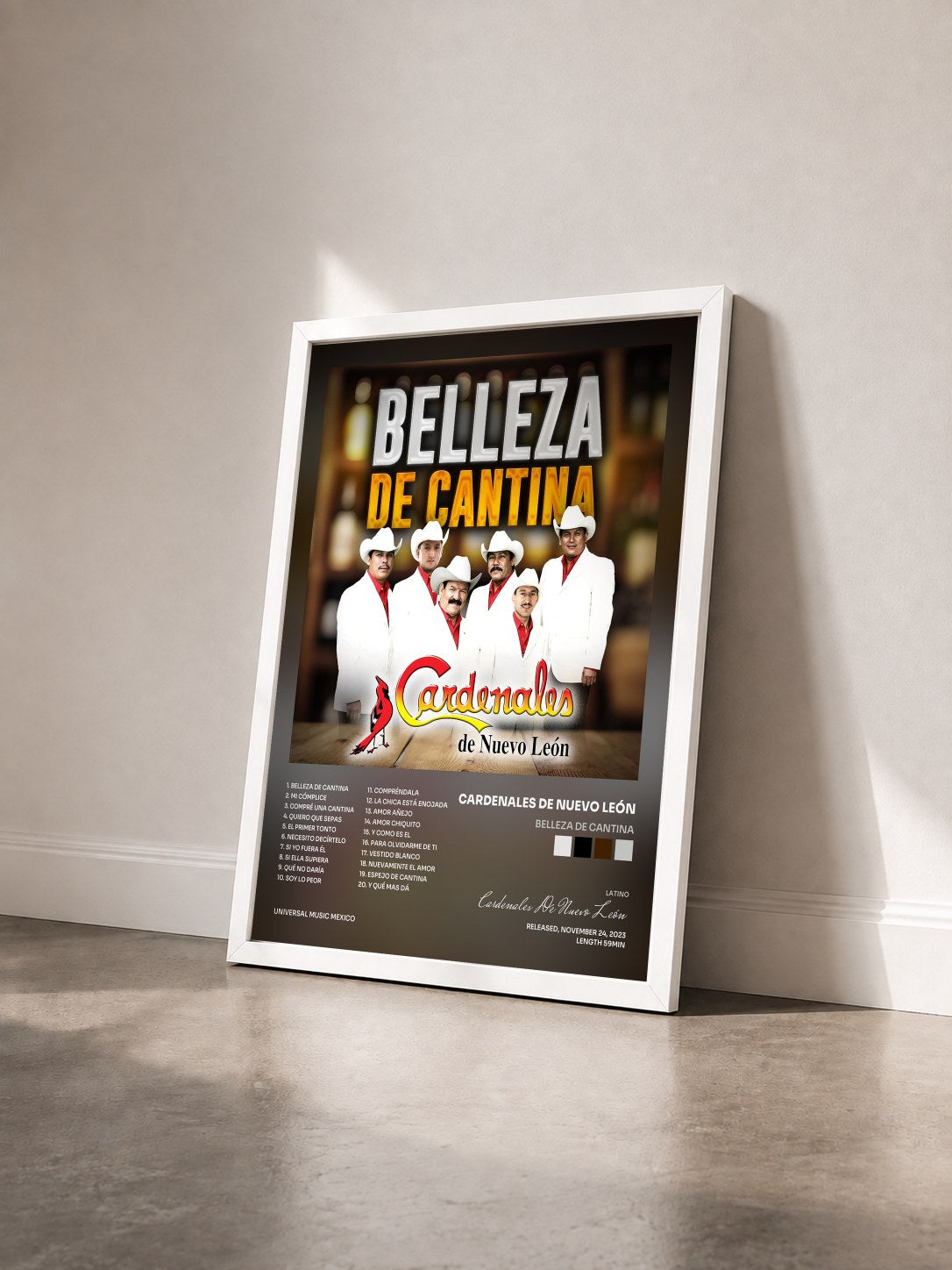 #blanc Tableau de l'album Belleza De Cantina de Cardenales De Nuevo León vu de trois quarts, cadre blanc