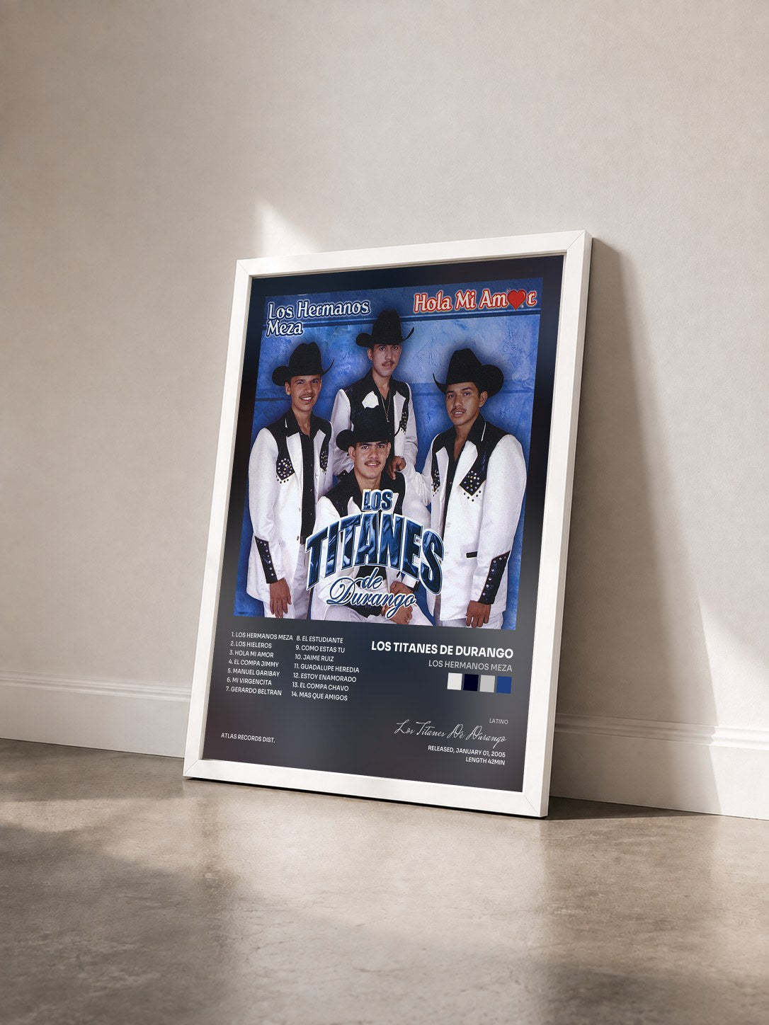 #blanc Tableau de l'album Los Hermanos Meza de Los Titanes De Durango vu de trois quarts, cadre blanc