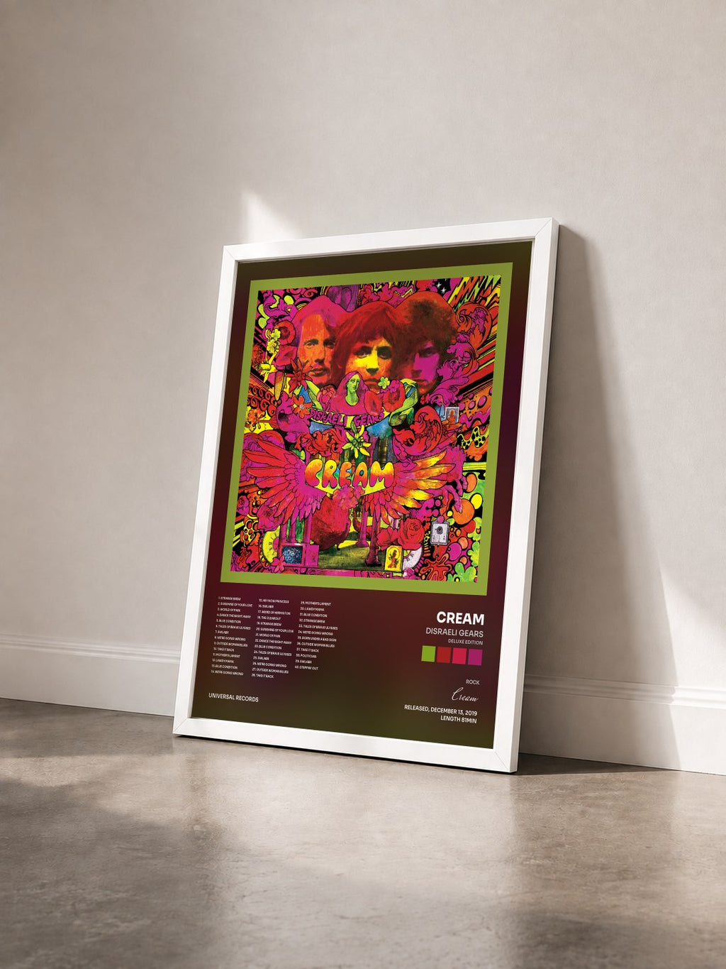 #blanc Disraeli Gears (Deluxe Edition) de Cream en lámina enmarcada vista de tres cuartos, marco blanco