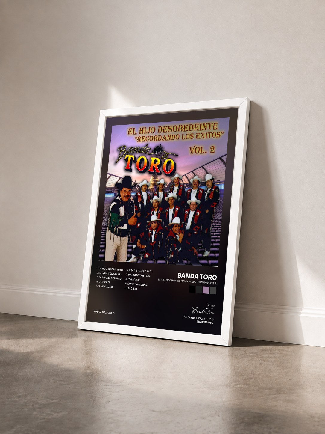 #blanc Tableau de l'album El Hijo Desobediente "Recordando los Exitos", Vol. 2 de Banda Toro vu de trois quarts, cadre blanc