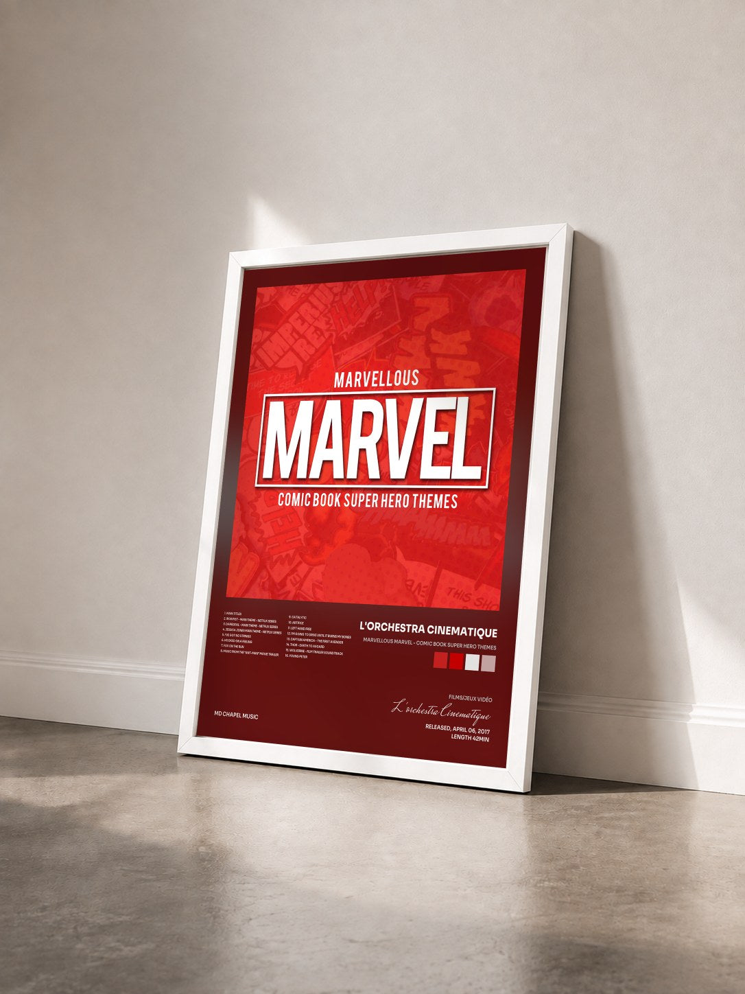 #blanc Tableau de l'album Marvellous Marvel - Comic Book Super Hero Themes de L'orchestra Cinematique vu de trois quarts, cadre blanc