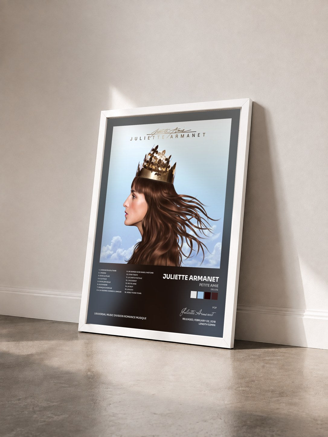 #blanc Petite Amie (Deluxe) by Juliette Armanet as a framed art print seen at an angle, white frame