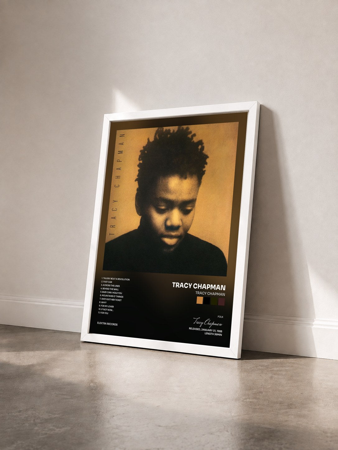 #blanc Tableau de l'album Tracy Chapman de Tracy Chapman vu de trois quarts, cadre blanc
