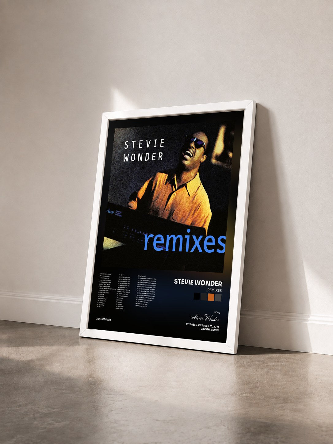 #blanc Tableau de l'album Remixes de Stevie Wonder vu de trois quarts, cadre blanc
