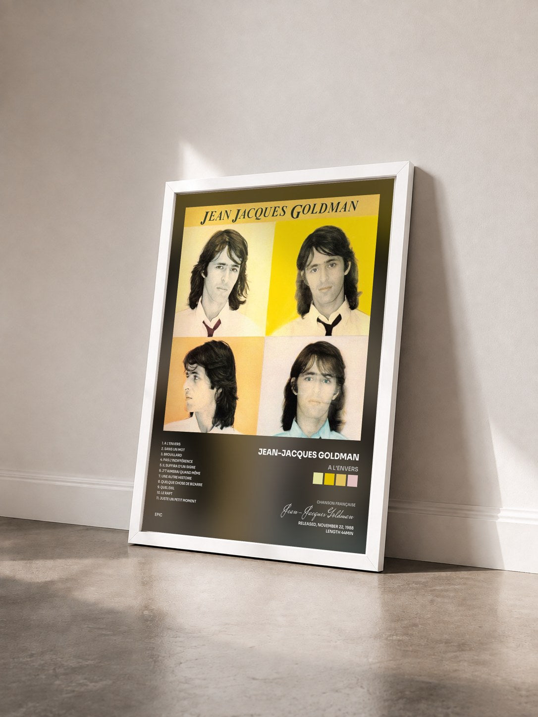 #blanc Tableau de l'album A l'envers de Jean-Jacques Goldman vu de trois quarts, cadre blanc