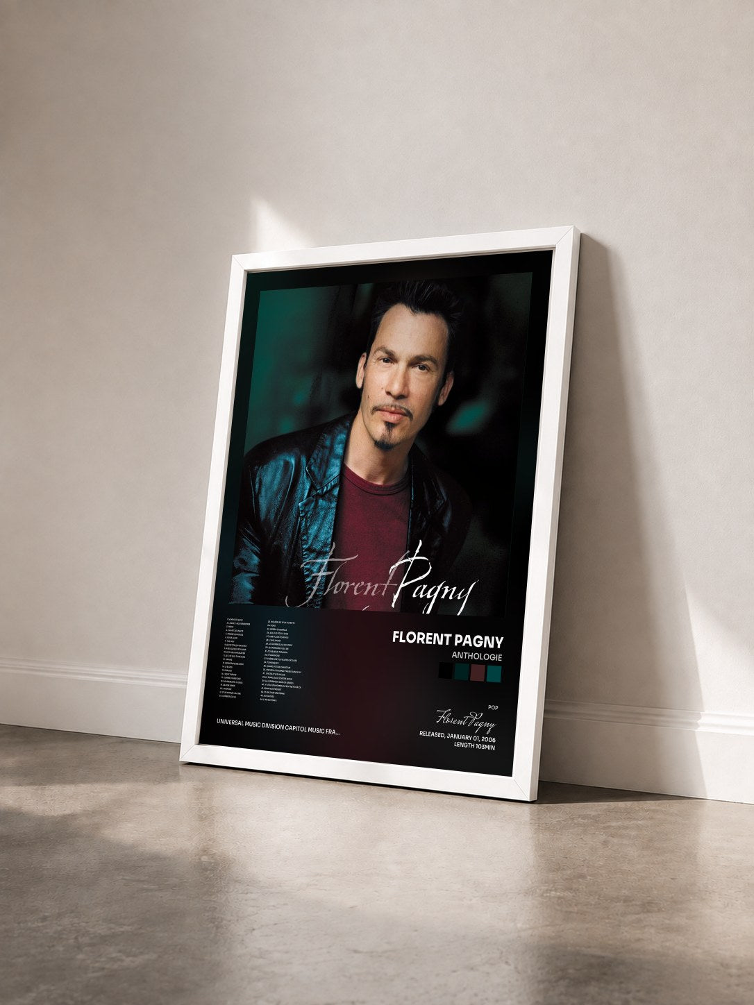 #blanc Tableau de l'album Anthologie de Florent Pagny vu de trois quarts, cadre blanc