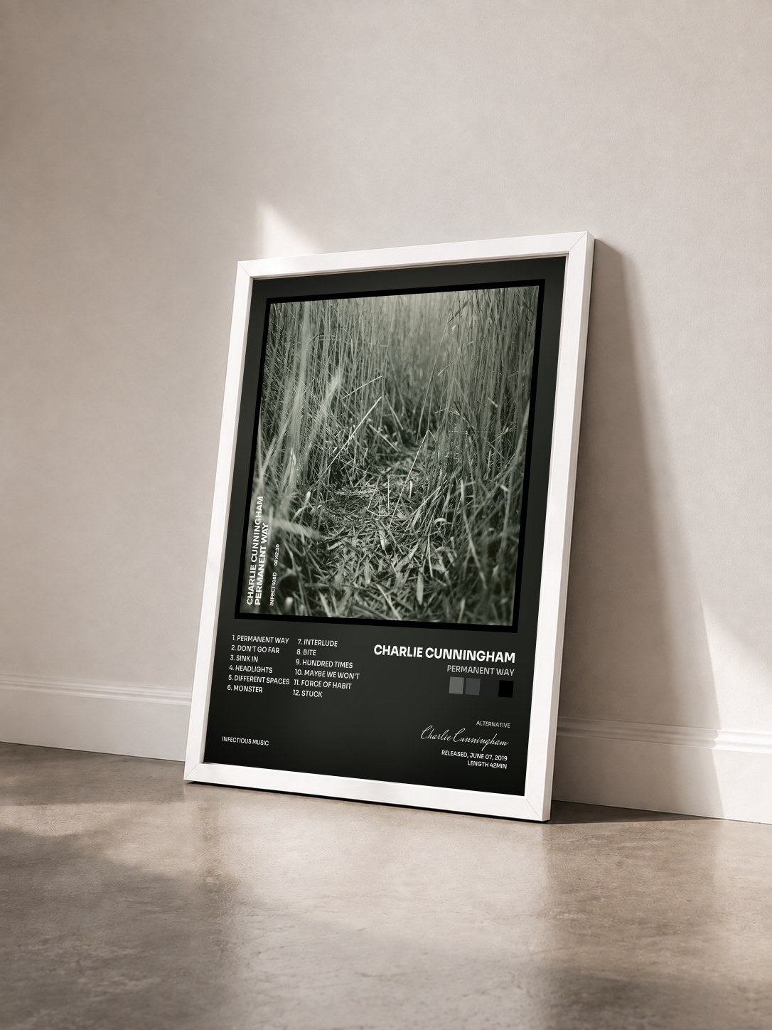 #blanc Tableau de l'album Permanent Way de Charlie Cunningham vu de trois quarts, cadre blanc