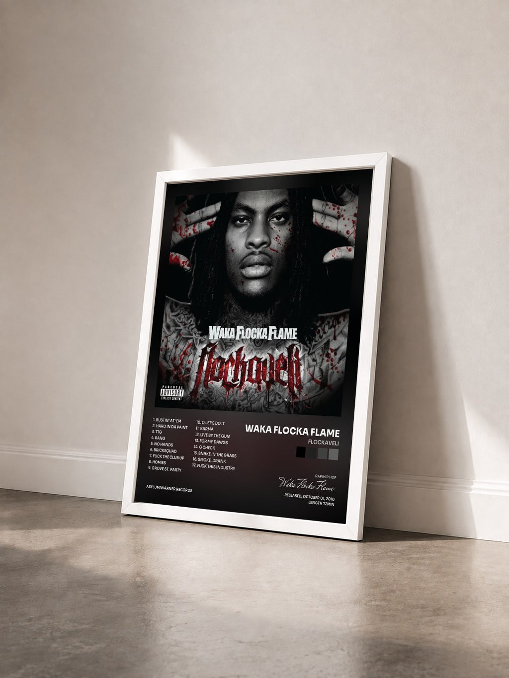 #blanc Tableau de l'album Flockaveli de Waka Flocka Flame vu de trois quarts, cadre blanc