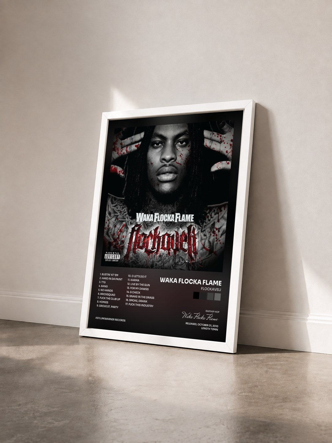 #blanc Tableau de l'album Flockaveli de Waka Flocka Flame vu de trois quarts, cadre blanc