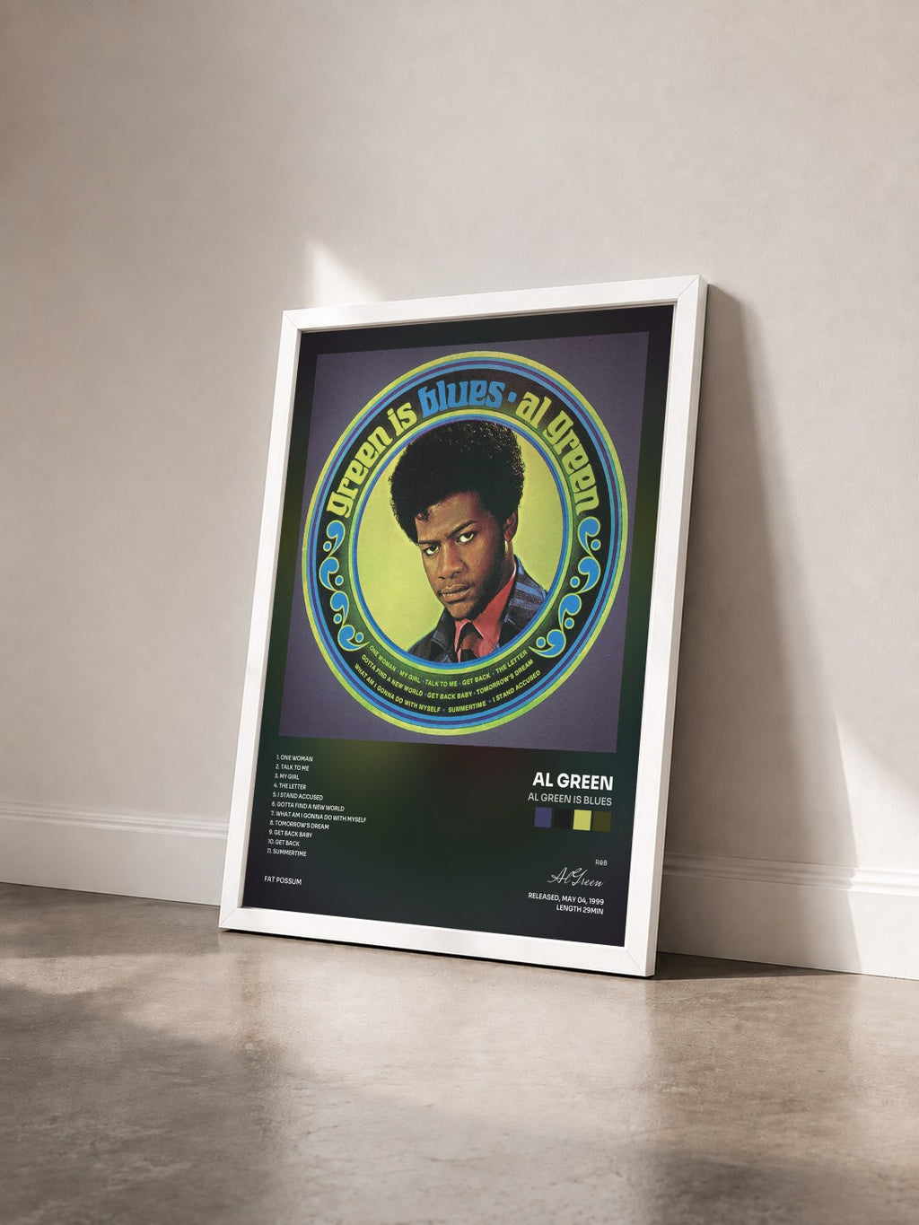 #blanc Al Green Is Blues von Al Green als gerahmter Kunstdruck von schräg gesehen, weißer Rahmen