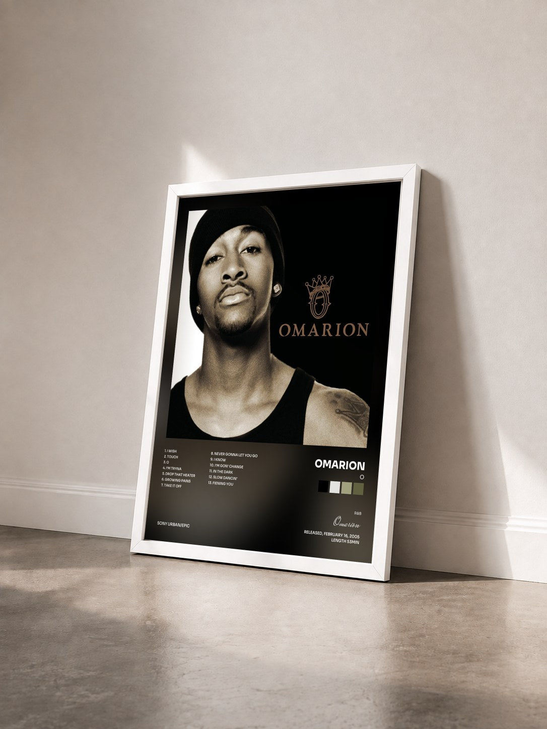 #blanc Tableau de l'album O de Omarion vu de trois quarts, cadre blanc