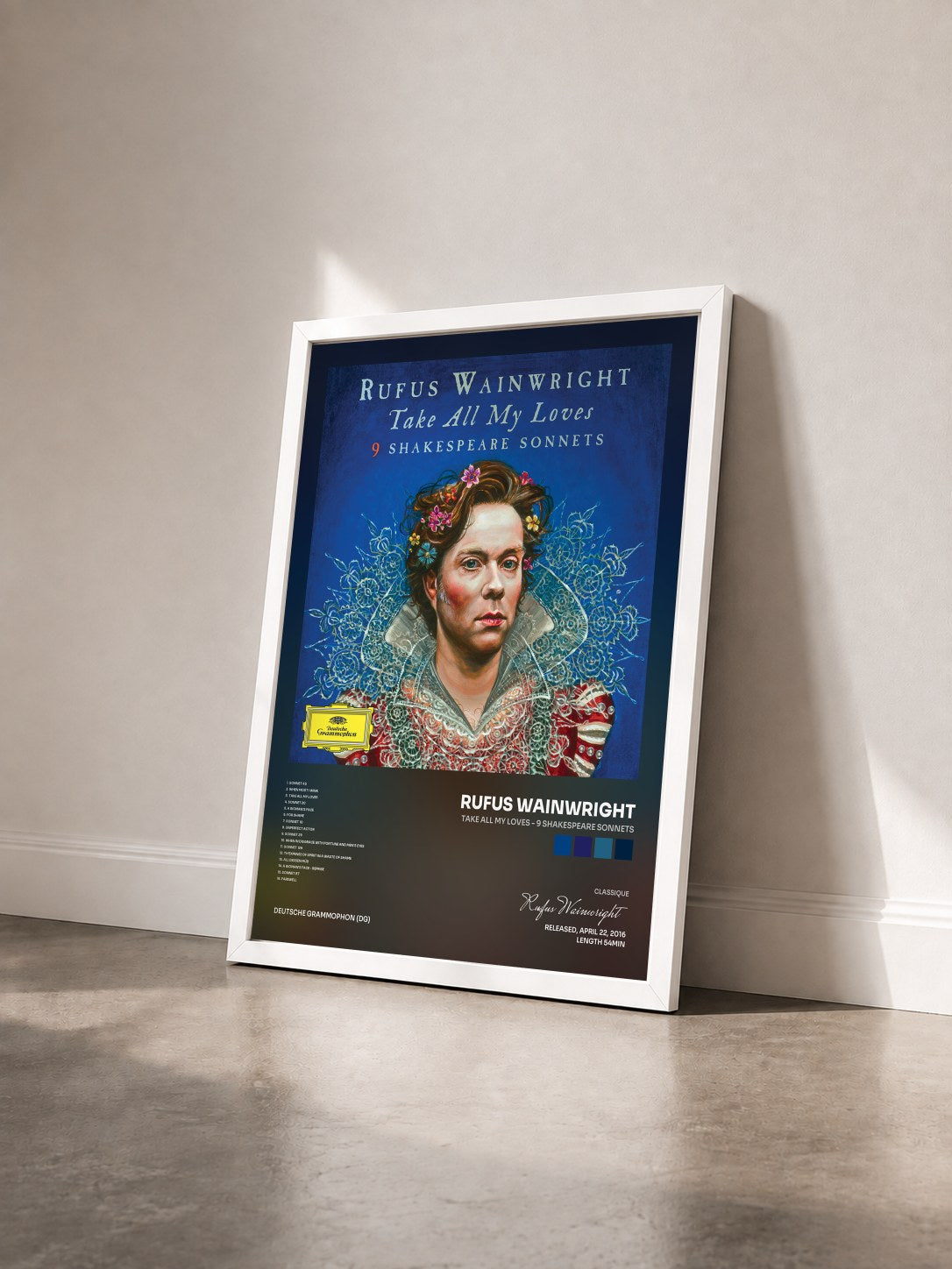 #blanc Tableau de l'album Take All My Loves - 9 Shakespeare Sonnets de Rufus Wainwright vu de trois quarts, cadre blanc