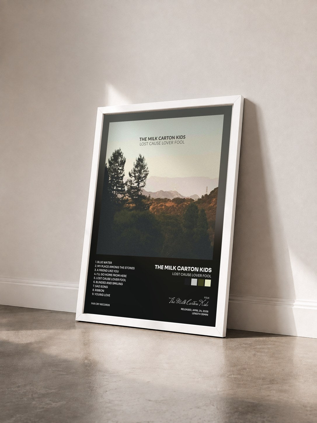#blanc Tableau de l'album Lost Cause Lover Fool de The Milk Carton Kids vu de trois quarts, cadre blanc