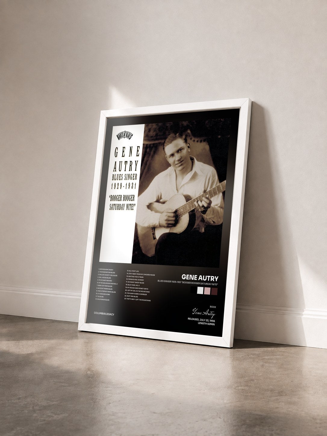 #blanc Tableau de l'album Blues Singer 1929-1931 "Booger Rooger Saturday Nite" de Gene Autry vu de trois quarts, cadre blanc