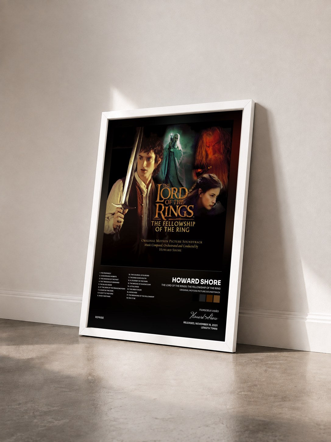 #blanc Tableau de l'album The Lord of the Rings: The Fellowship of the Ring (Original Motion Picture Soundtrack) de Howard Shore vu de trois quarts, cadre blanc