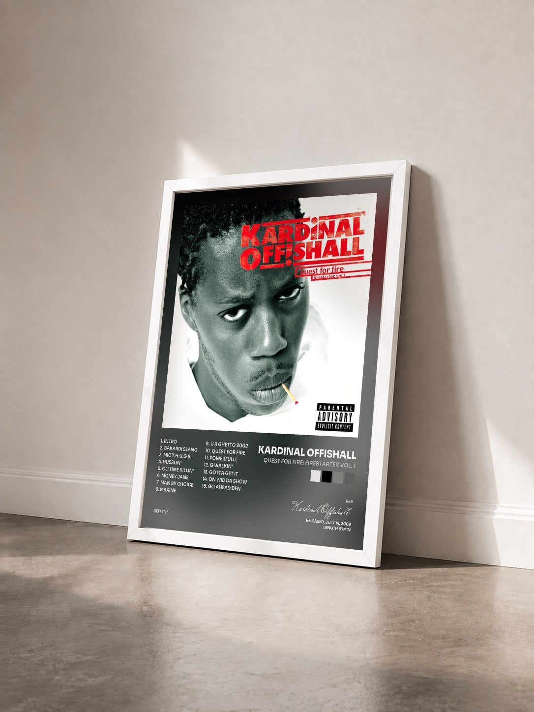#blanc Tableau de l'album Quest For Fire: Firestarter Vol. 1 de Kardinal Offishall vu de trois quarts, cadre blanc