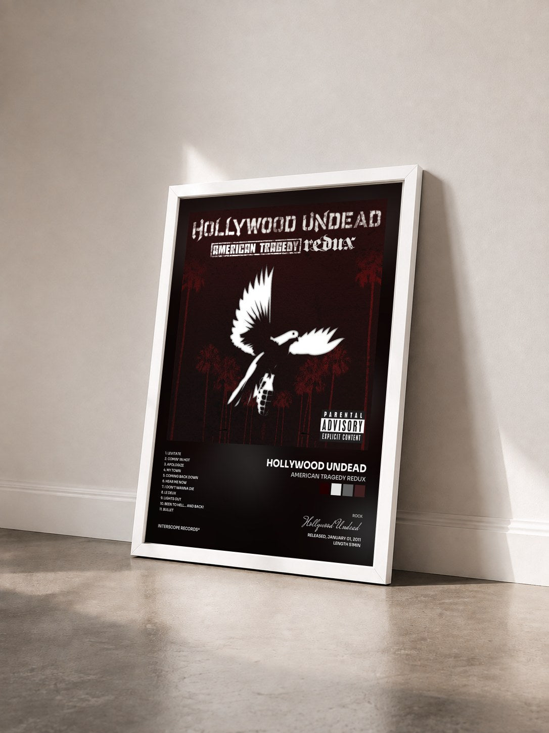 #blanc Tableau de l'album American Tragedy Redux de Hollywood Undead vu de trois quarts, cadre blanc