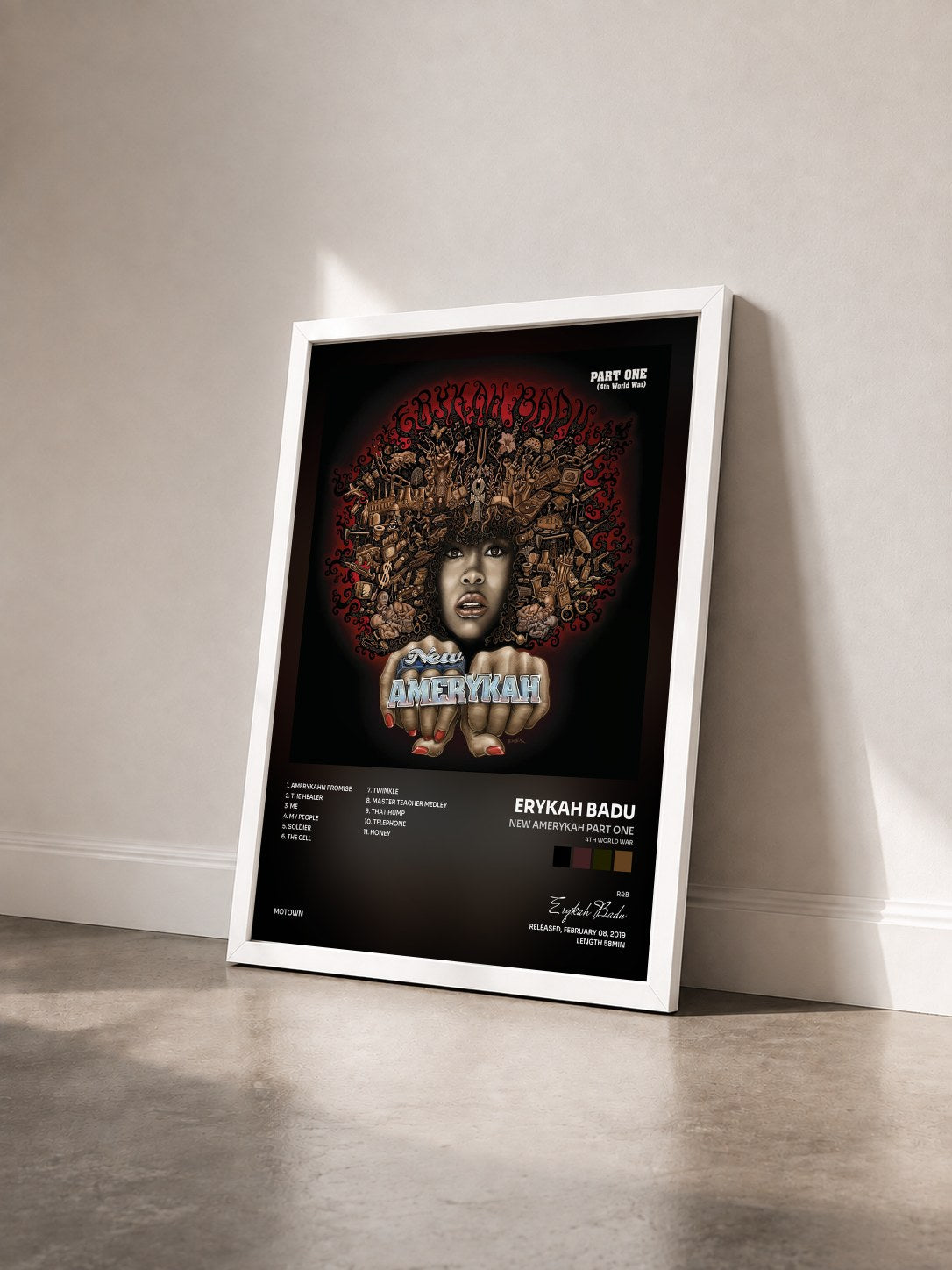 #blanc New Amerykah Part One (4th World War) de Erykah Badu en lámina enmarcada vista de tres cuartos, marco blanco