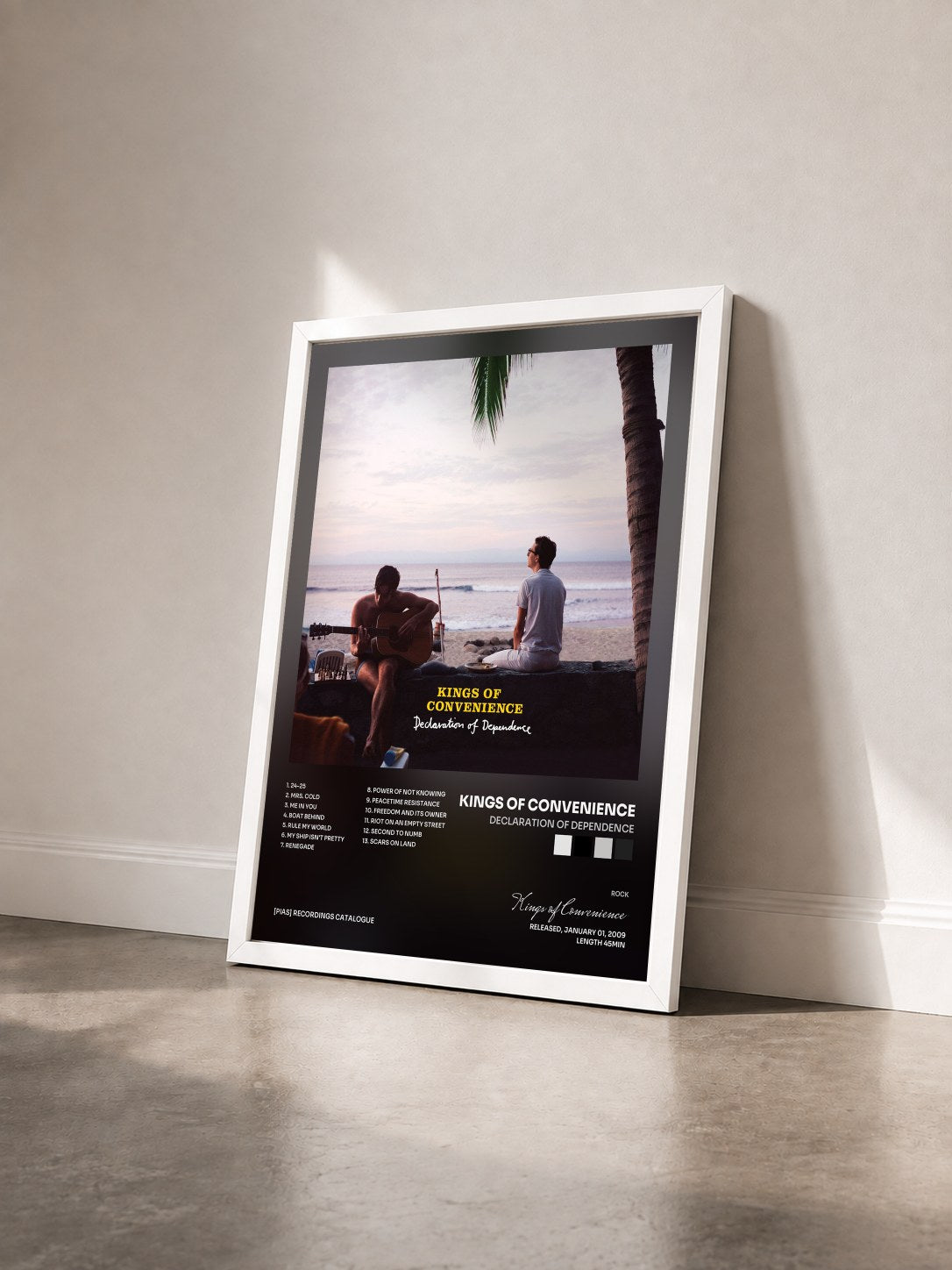#blanc Tableau de l'album Declaration Of Dependence de Kings of Convenience vu de trois quarts, cadre blanc