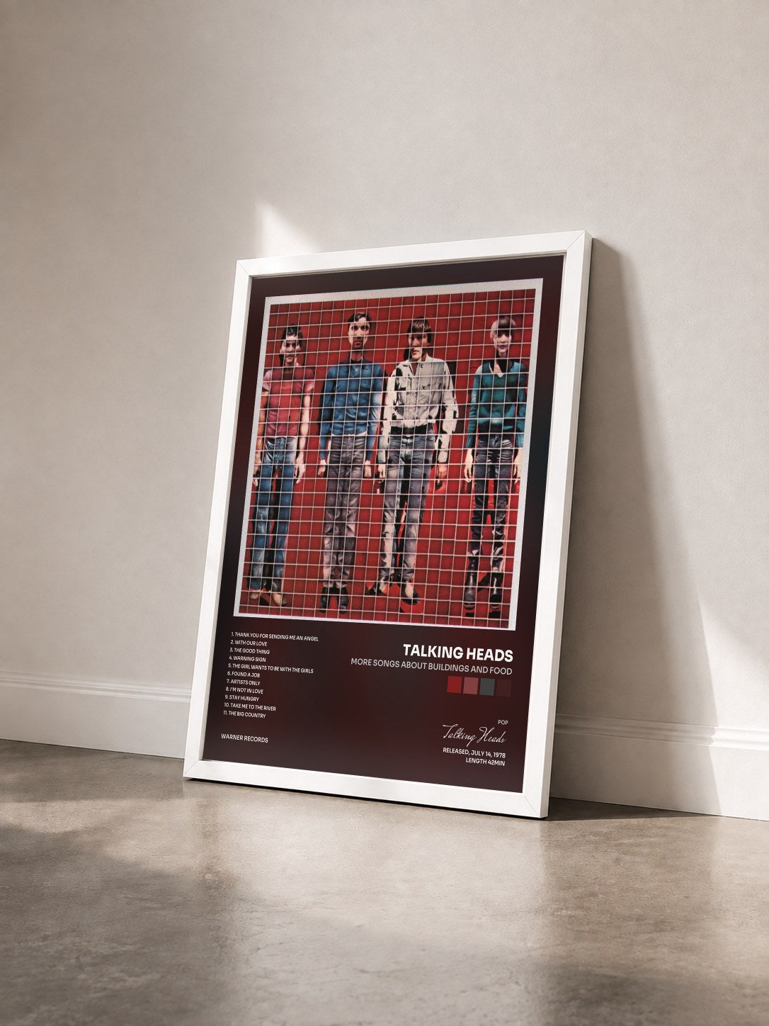 #blanc More Songs About Buildings and Food di Talking Heads in stampa incorniciata vista di tre quarti, cornice bianca