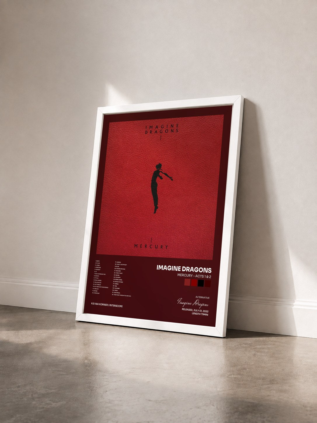 #blanc Mercury - Acts 1 & 2 by Imagine Dragons as a framed art print seen at an angle, white frame