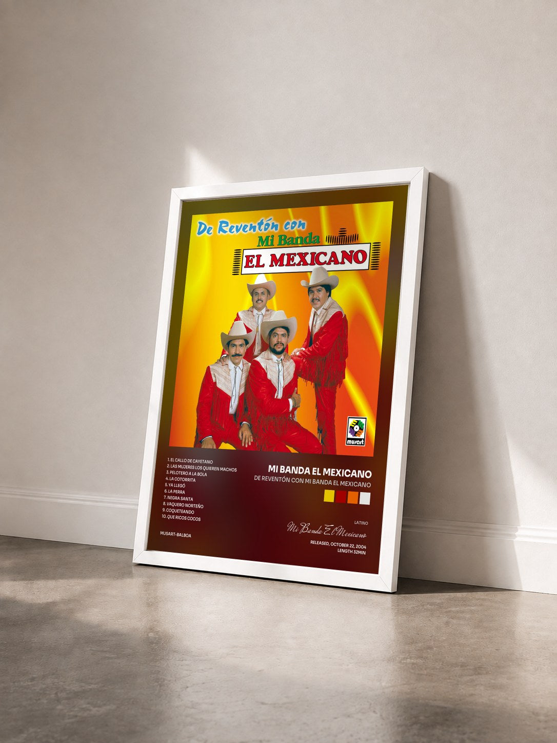 #blanc Tableau de l'album De Reventón Con Mi Banda El Mexicano de Mi Banda El Mexicano vu de trois quarts, cadre blanc